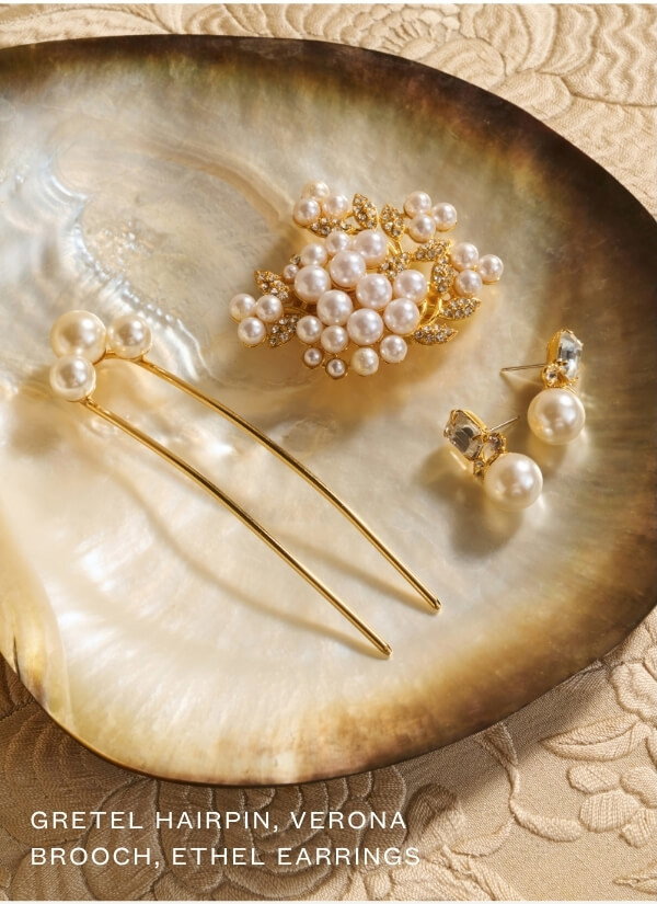 Gretel hairpin, Verona brooch, Ethel earrings