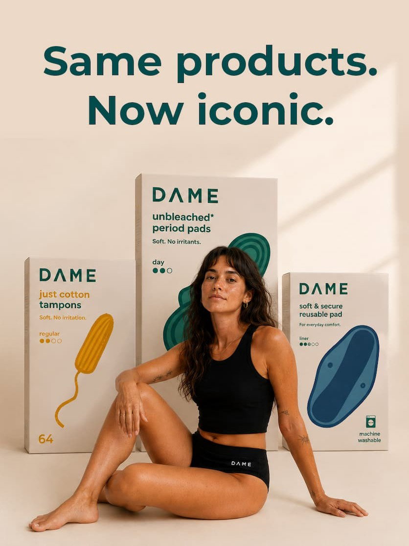 DAME model sitting in front of new packaging