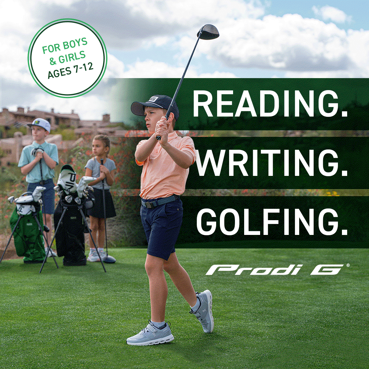 Lifestyle gif of kids using prodi G clubs on course. Click to shop now.