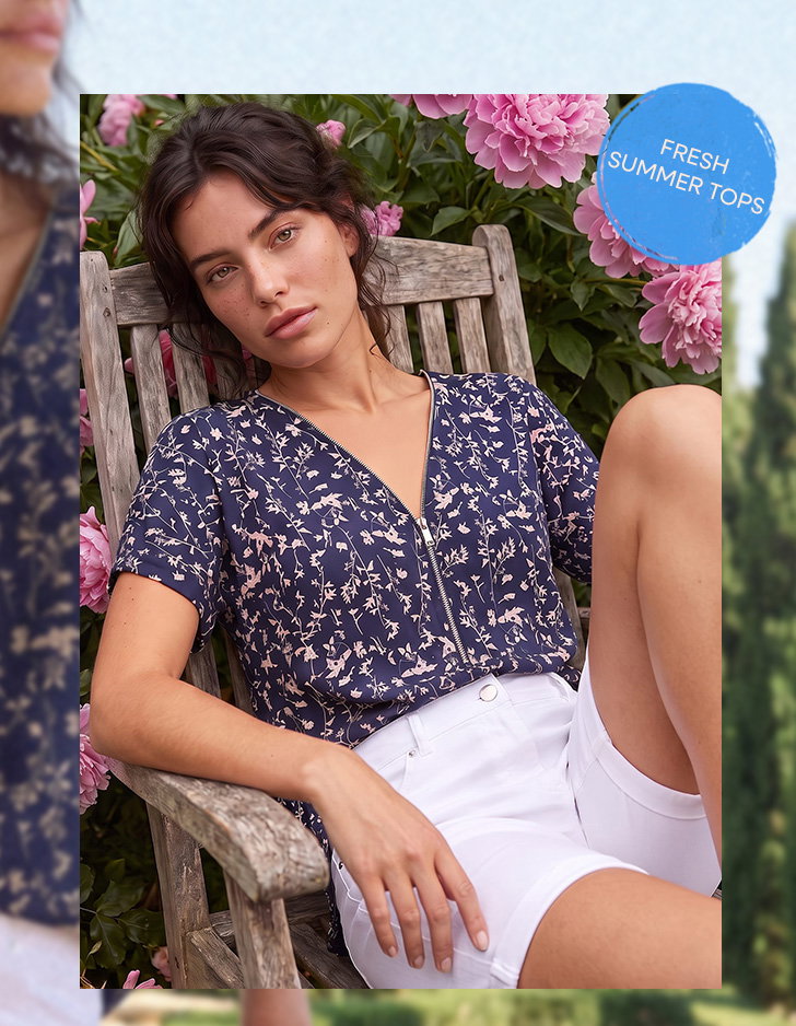 Floral Puff Print Zip Front Top