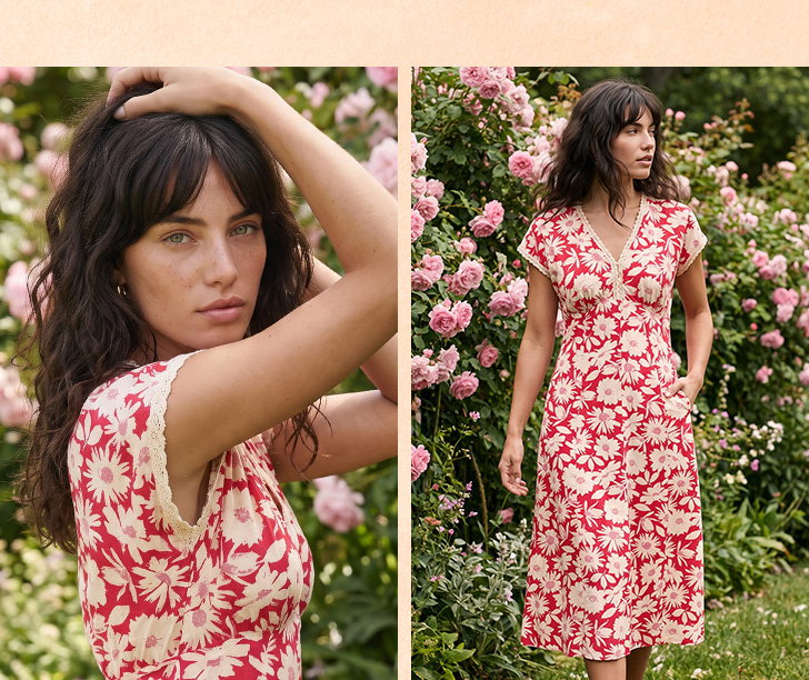 Daisy Print Lace Trim Midi Dress