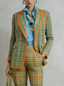 Image of Casual Printing Plaid Lapel Collar Blazer