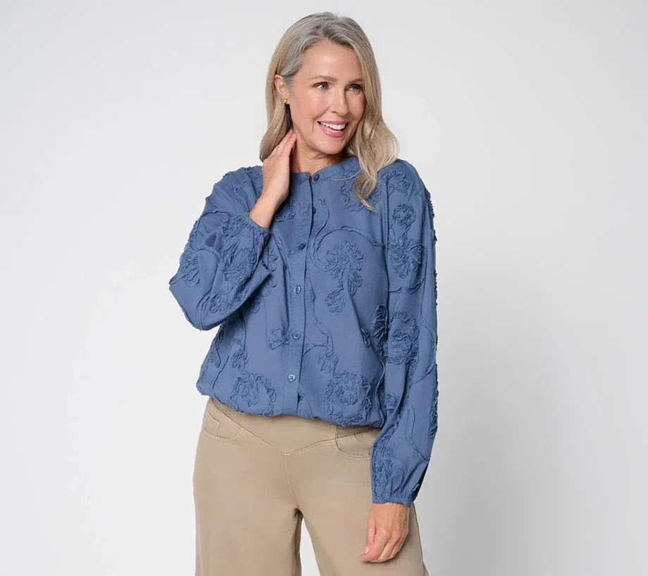LOGO Lavish by Lori Goldstein Cotton Soutache Button Front Bubble Hem Top