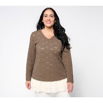 LOGO Layers by Lori Goldstein Long Sleeve Stretch Lace V-Neck Top