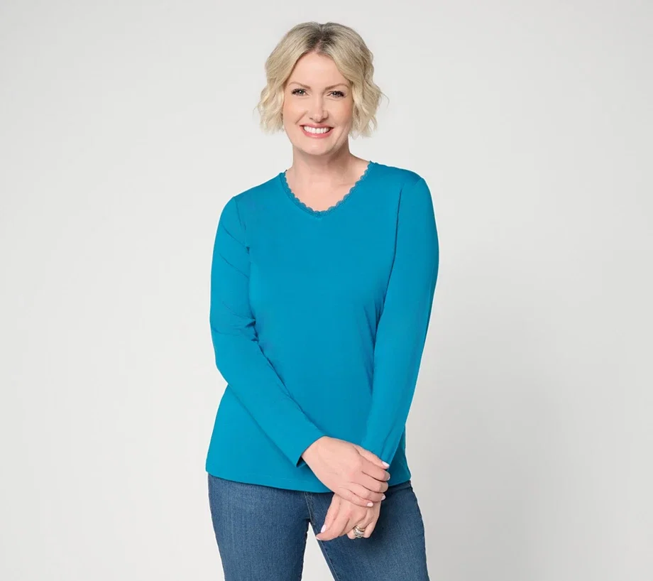 Denim & Co. Essentials So Soft Jersey Long Sleeve Top W/Lace