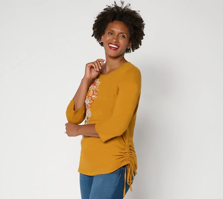 Denim & Co. Textured Knit 3/4-Sleeve Top with Placed Print