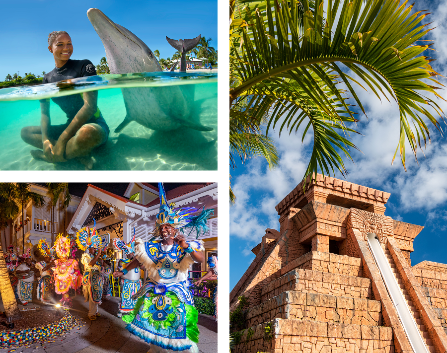 A photo collage featuring a woman swimming with a dolphin, Junkanoo dancers, and a Mayan temple water slide.