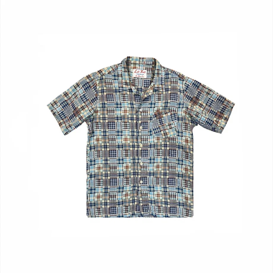 Japanese woven Madras plaid patch camp shirt with Trocus Pearl buttons