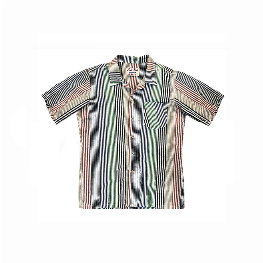 Classic 90's Japanese cotton seersucker stripe crazy shirt w/ Trocus Pearl cat's eye buttons.