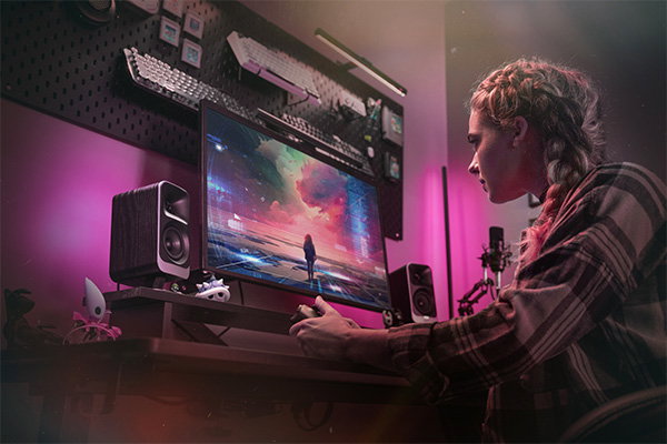 Young woman, with braided hair, gaming on her computer, in a dark room with pink LED back glow.