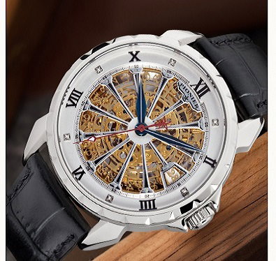 Automatic watch with silver case and roman numerals.