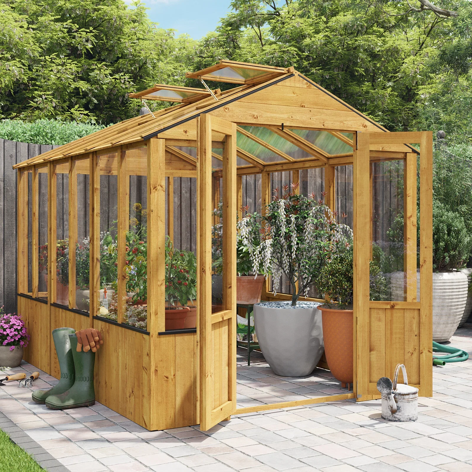 Image of BillyOh 4000 Lincoln Wooden Clear Wall Greenhouse with Roof Vent