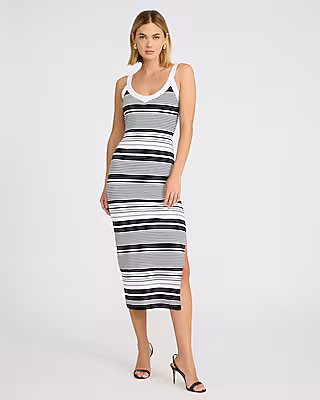 Striped V-Neck Sleeveless Midi Sweater Dress