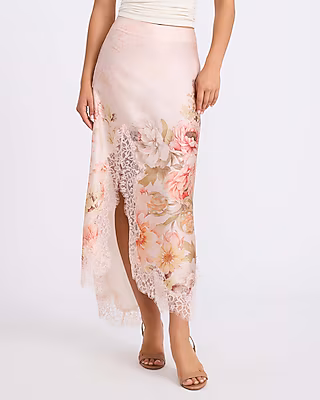 Floral Satin Lace Trim High Waisted Maxi Skirt