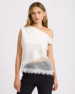 Satin Lace Pieced One Shoulder Cowl Back Top