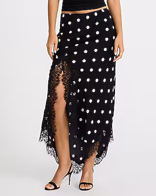Polka Dot Satin Lace Trim High Waisted Maxi Skirt