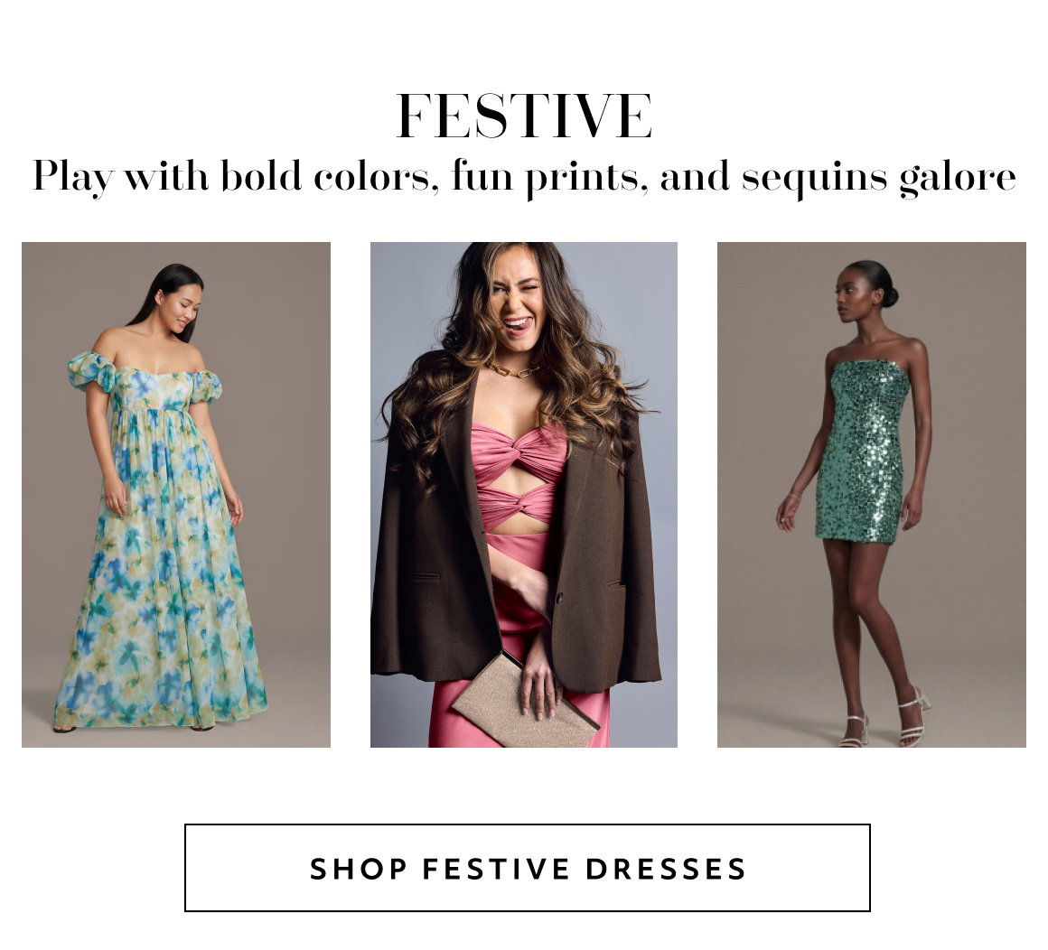 Festive Play with bold colors, fun prints, and sequins galore shop FEstive dresses