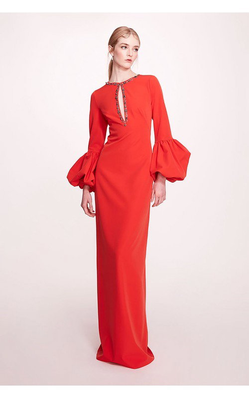Puff Sleeve Crepe Gown with Neckline Beading