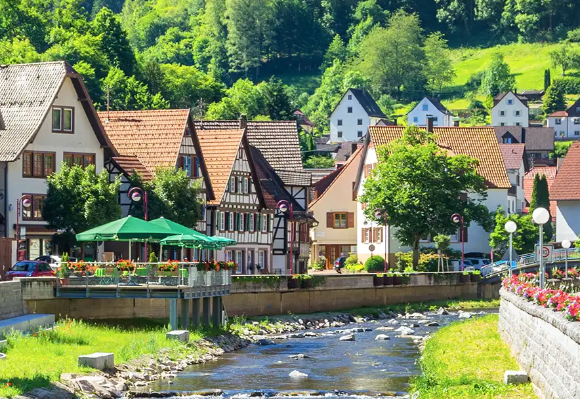 Picturesque village with traditional houses beside a flowing river and lush green hills in the background.