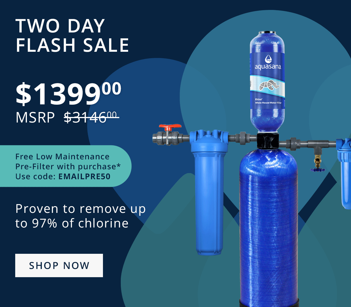 Two Day Flash Sale - Starting at $1399 - Proven to remove up to 97% of chlorine - 2X the rated flow rate vs. our standard Rhino® - Lasts for up to 1 million gallons or 10 years - WQA certified to NSF/ANSI Standard 61