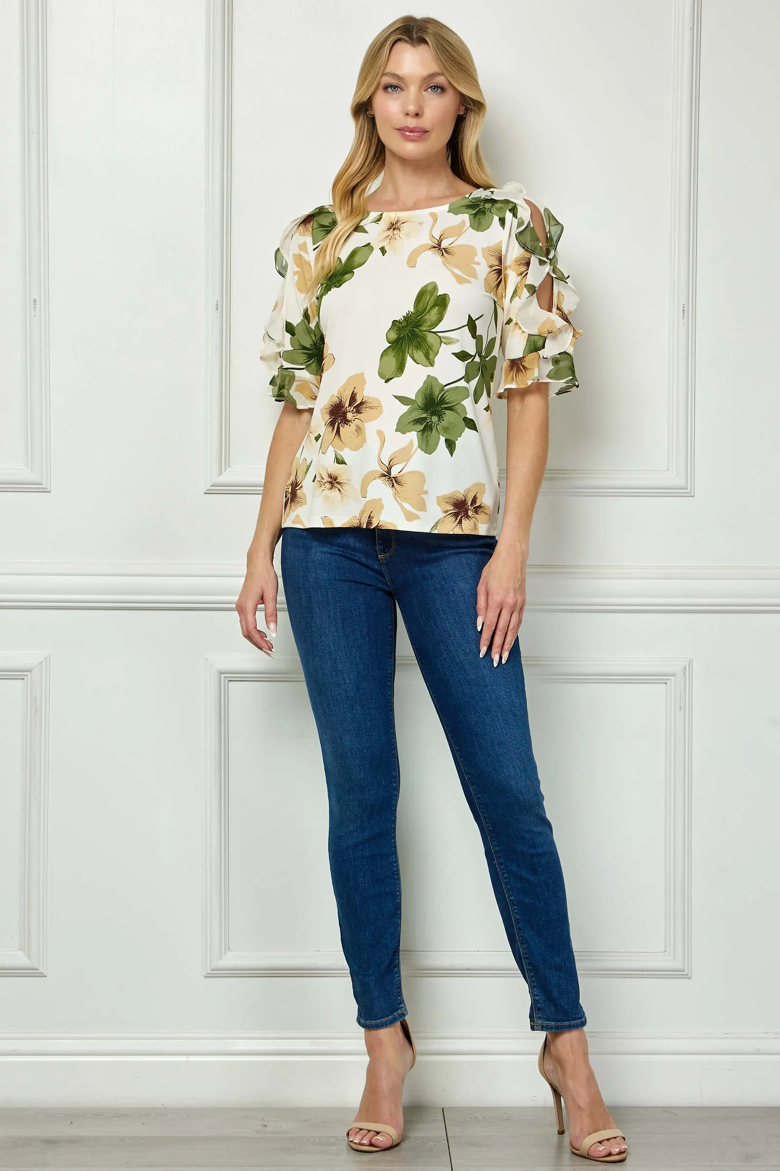 Image of Ruffle Cold Shoulder Boat Neck Blouse in Cream/Green/Brown