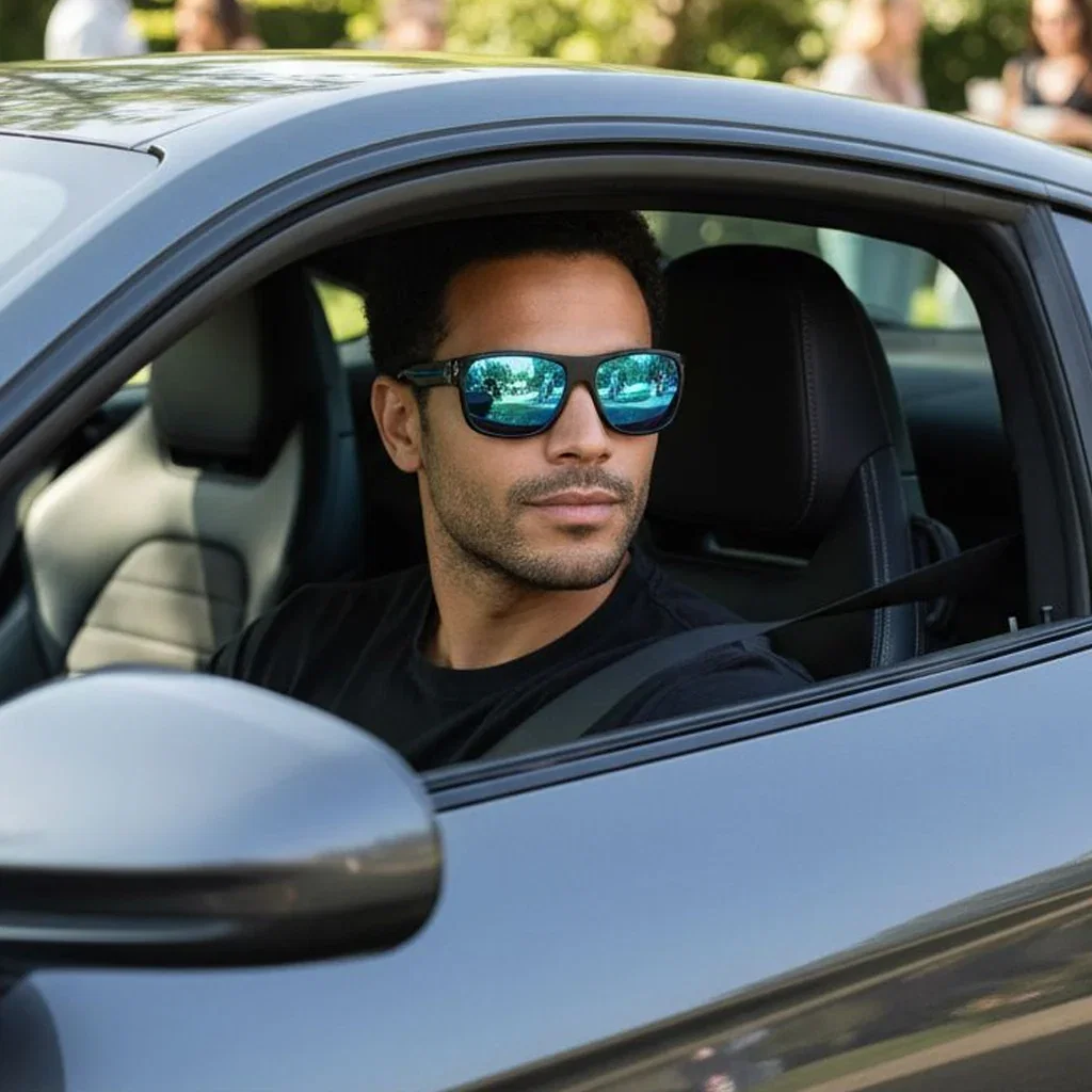 Man wearing mirrored sunglasses sitting in white car, Carrera Favorites collection