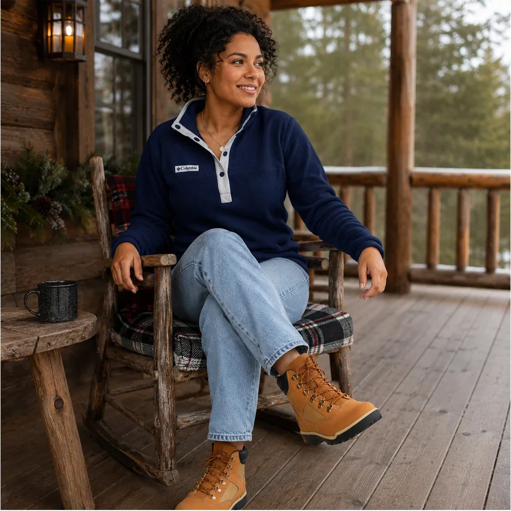 Woman in navy Columbia fleece and hiking boots relaxing on a cabin porch with coffee mug and forest view.