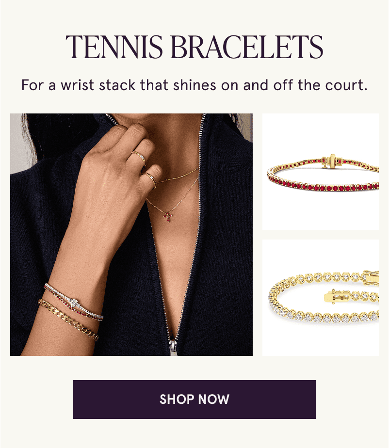 A model wearing gemstone tennis bracelets and a gold bracelet with close ups of similar styles. Click here to shop now