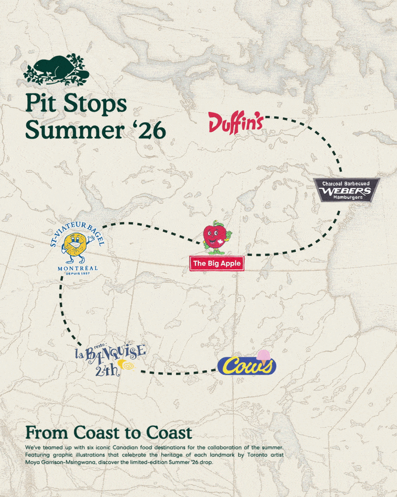 Pit Stops Summer '26  -  From Coast to Coast  We've teamed up with six iconic Canadian food destinations for the collaboration of the summer. Featuring graphic illustrations that celebrate the heritage of each landmark by Toronto artist Moya Garrison-Msingwana, discover the limited-edition Summer '26 drop. 