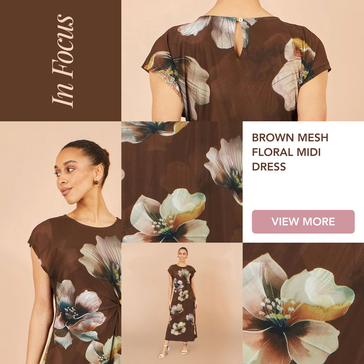 Yumi Brown Mesh Floral Midi Dress
