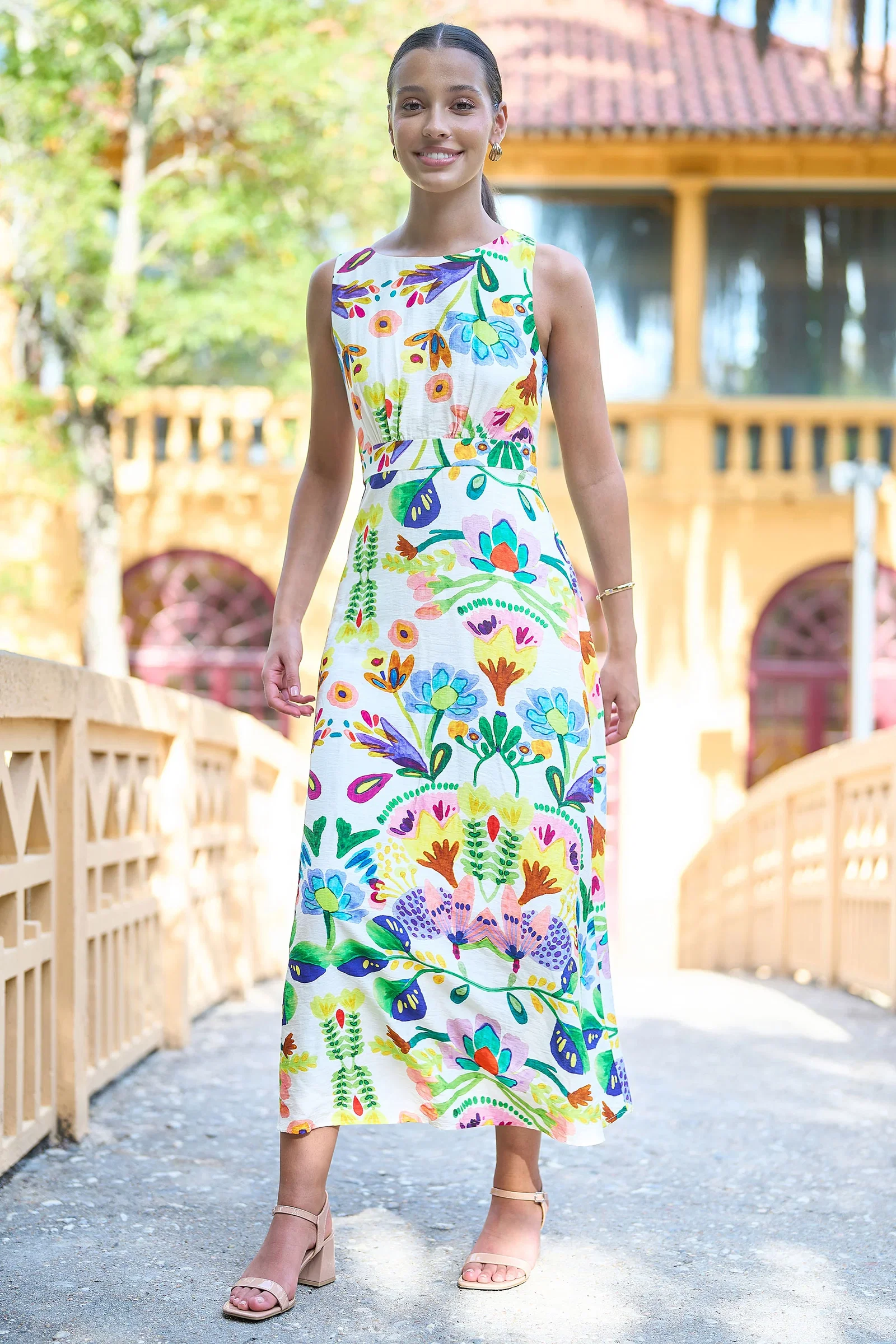 Yumi Multicolour Abstract Flower Maxi Dress With Tie Back