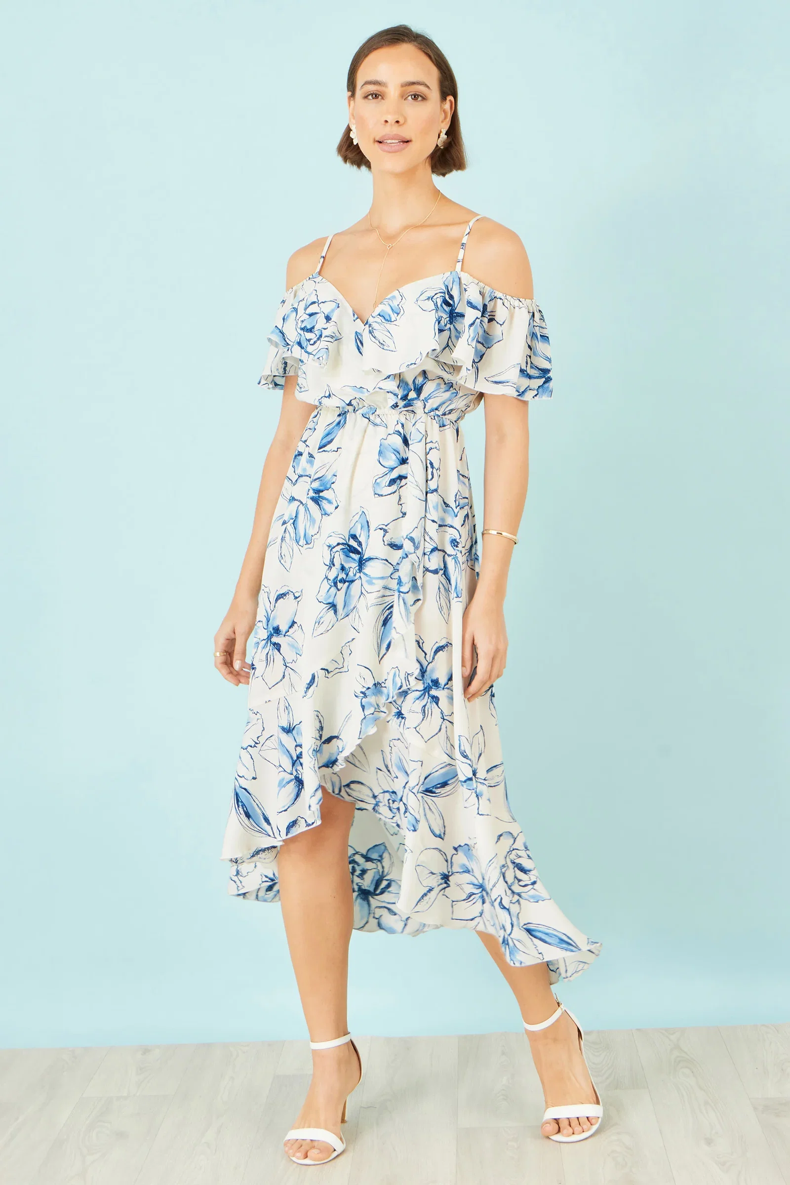 Yumi Ivory Floral Print Bardot Midi Dress With Dip Hem