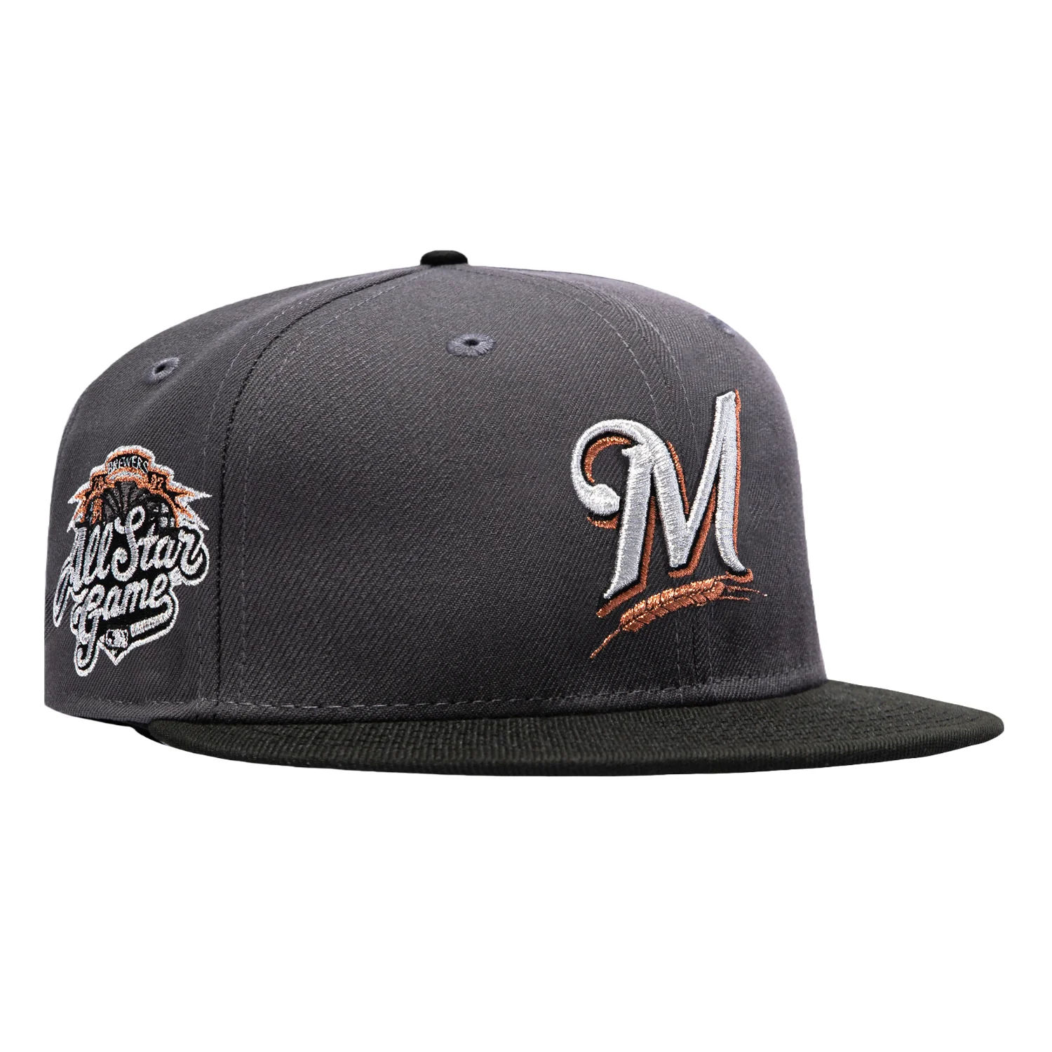 Image of New Era 59Fifty Milwaukee Brewers 2002 All Star Game Patch Hat - Graphite, Black, Metallic Copper