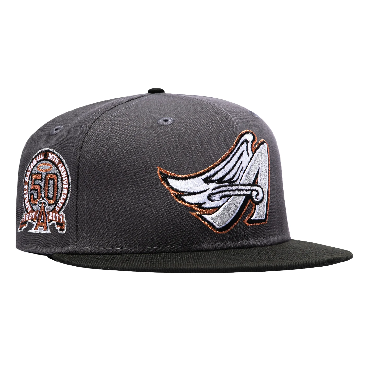 Image of New Era 59Fifty Los Angeles Angels 50th Anniversary Patch 1997 Hat - Graphite, Black, Metallic Copper