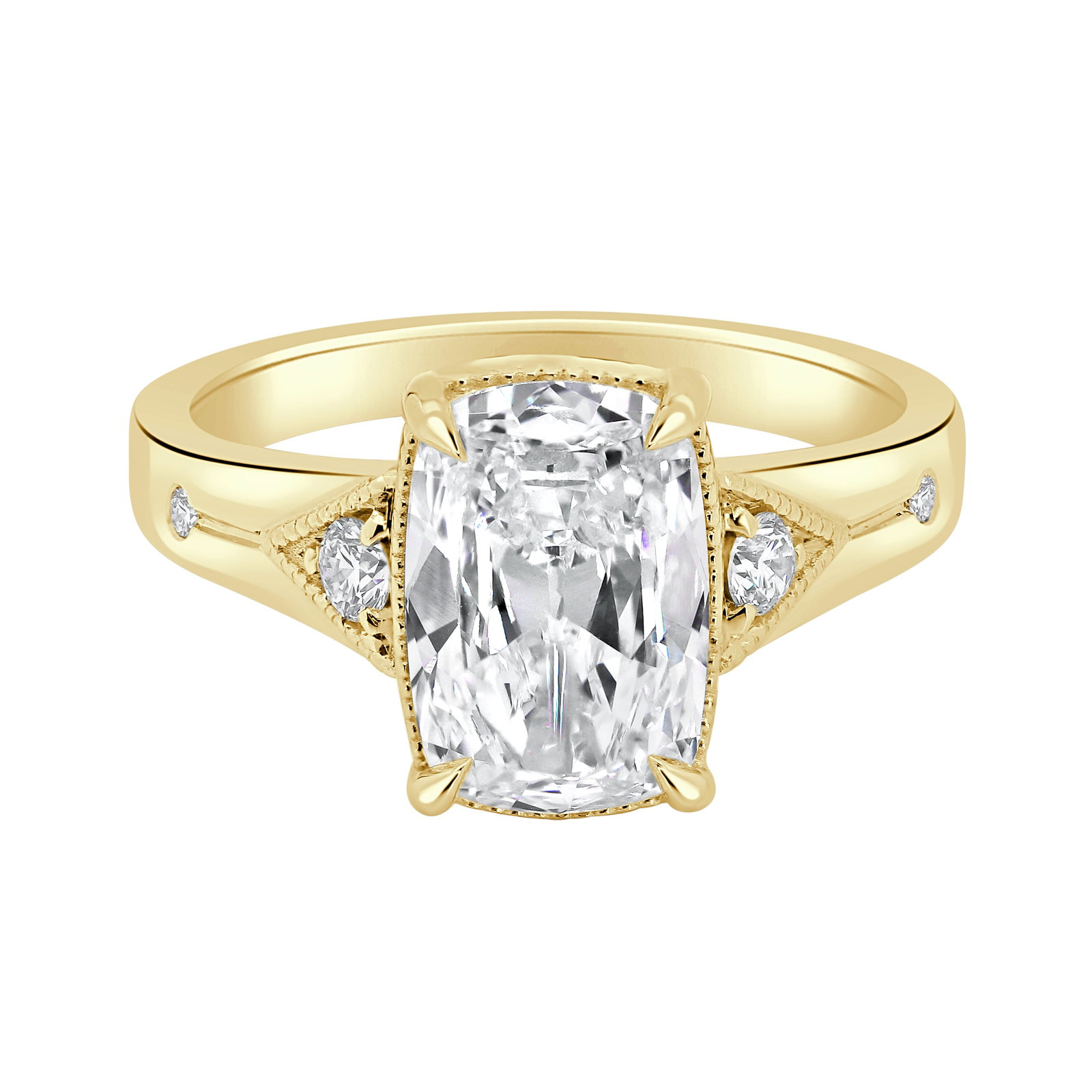 Image of Old Mine Elongated Cushion Lab Grown Diamond 3 1/8ctw. Bezel Set Engagement Ring in 14k Yellow Gold