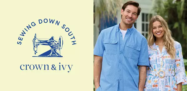 Sewing Down South x Crown & Ivy. Craig Conover and a girl in summer clothes.