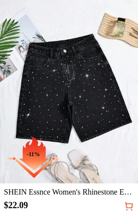 SHEIN Essnce Women's Rhinestone Embellished Washed Straight Leg Denim Shorts