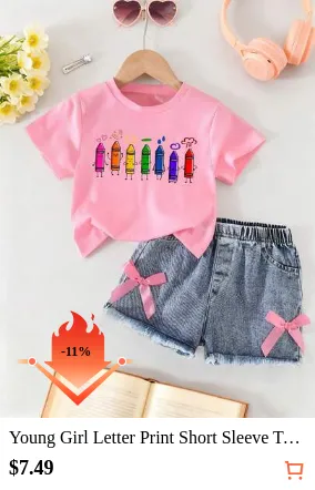 Young Girl Letter Print Short Sleeve Top And Denim Shorts Set, Back To School
