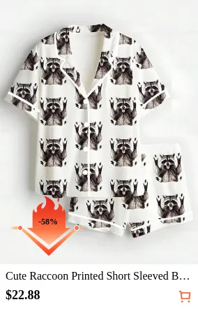 Cute Raccoon Printed Short Sleeved Button Up Shirt And Shorts Set, Playful Two-Piece Sleepwear For Women, Cozy Cream Loungewear With Waving Raccoon Pa