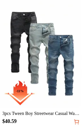 3pcs Tween Boy Streetwear Casual Washed Indigo, Medium Blue, Light Blue Denim Jeans Chic For Autumn/Winter