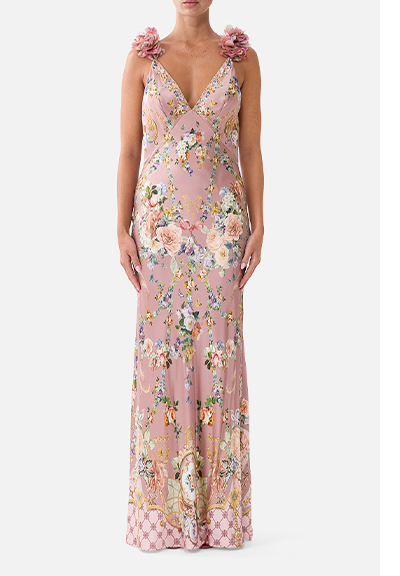 V NECK BIAS SLIP DRESS WITH BACK FRILL | CHAMBER OF BLOOMS