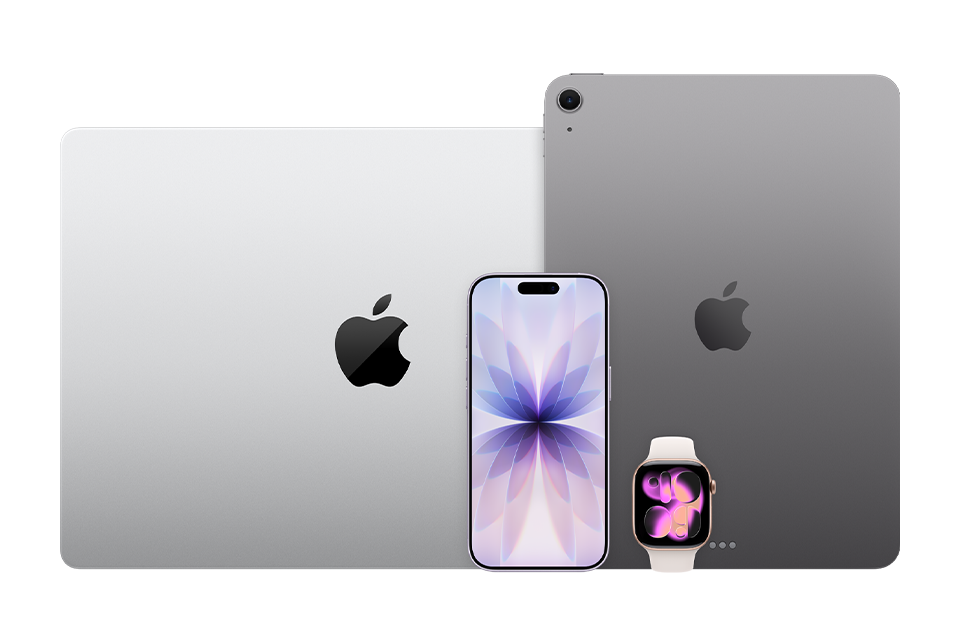 Apple devices: MacBook Pro, iPhone 17, iPad Air, Apple Watch