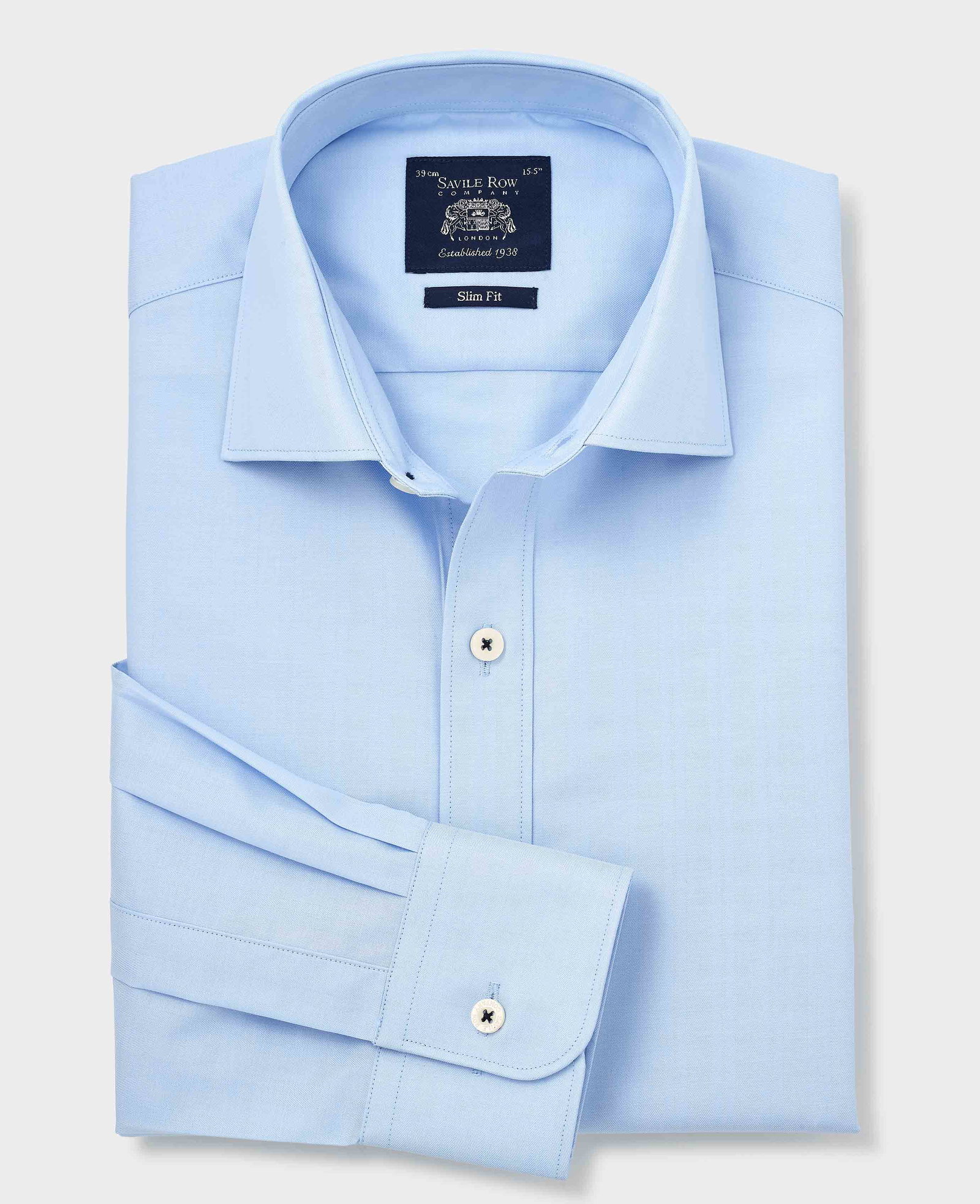 Image of Sky Blue Herringbone Cotton Slim Fit Formal Shirt - Single Cuff