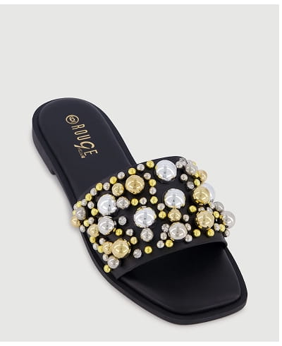 Shop Faux Pearl and Rhinestone Single Band Slide Sandals
