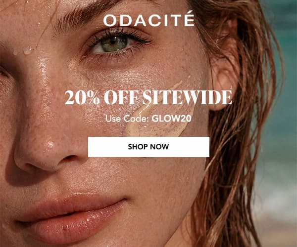 Close-up of a woman with dewy skin by the water, promoting 20% off sitewide with code GLOW20.