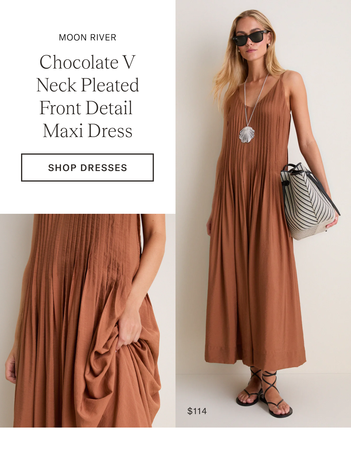 Chocolate V Neck Pleated Front Detail Maxi Dress