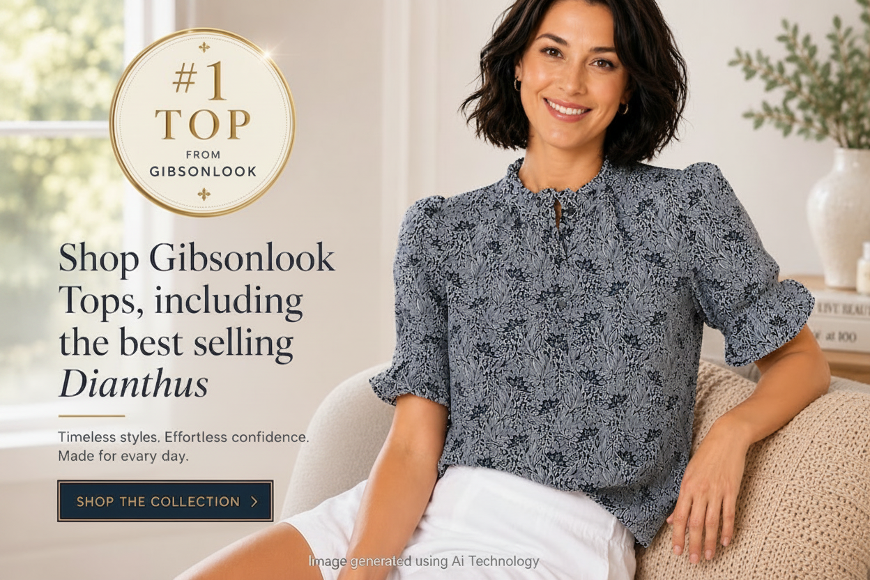 Woman in a floral top smiles, promoting Gibsonlook tops and the best-selling Dianthus style.