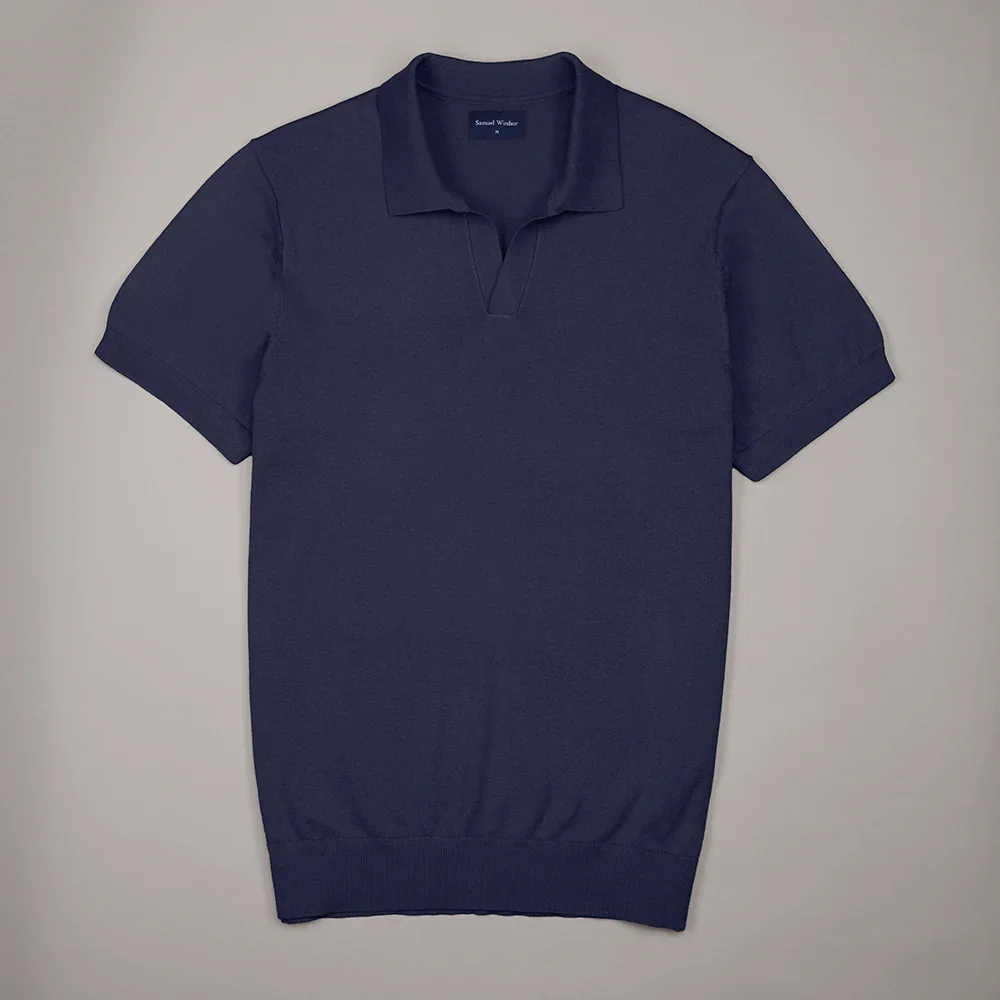 Image of Open Collar Knitted Polo - Navy