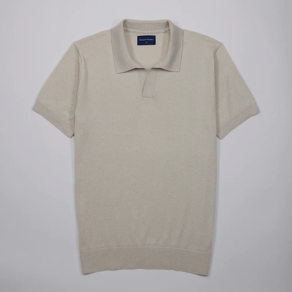 Image of Open Collar Knitted Polo - Oatmeal