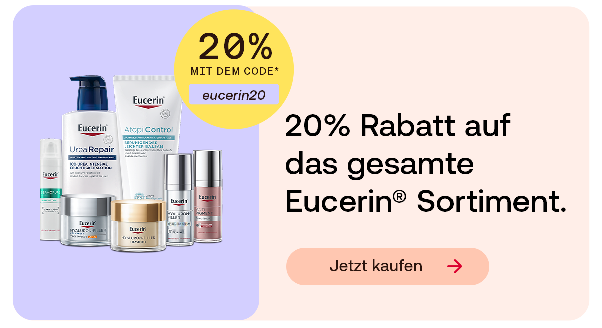 Eucerin Hautpflegeprodukte mit 20 % Rabatt auf das gesamte Eucerin Sortiment.